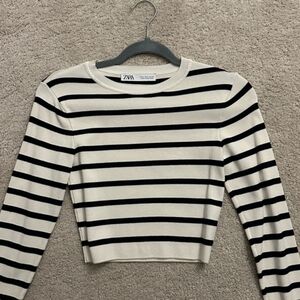 Zara Black and White Striped Crew Neck Sweater